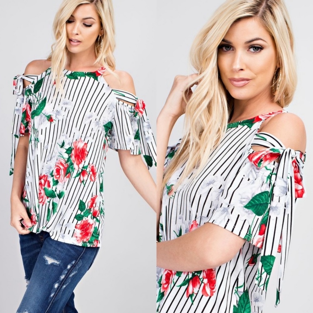 Floral and striped cold shoulder top